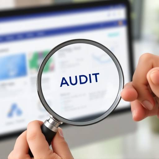 Una persona utilizando una lupa para examinar un sitio web en una pantalla, representando la auditor&iacute;a de accesibilidad.